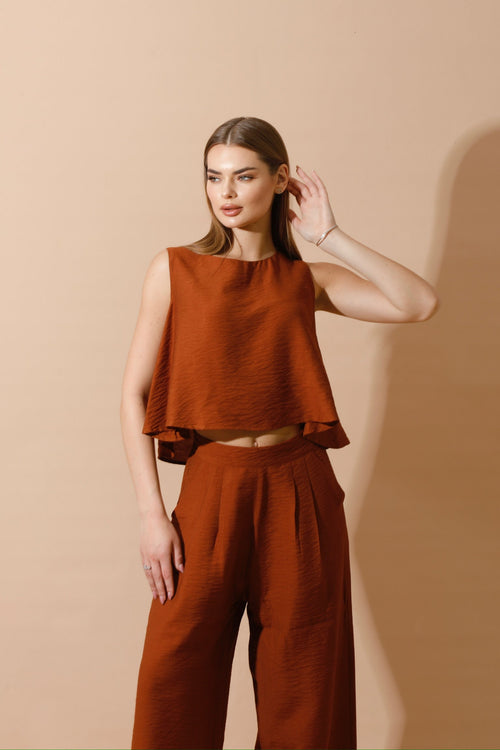 Sleeveless Tank Top & Wide Leg Pants Lounge Set - Brown