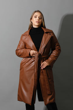 Leather Long Coat - Brown