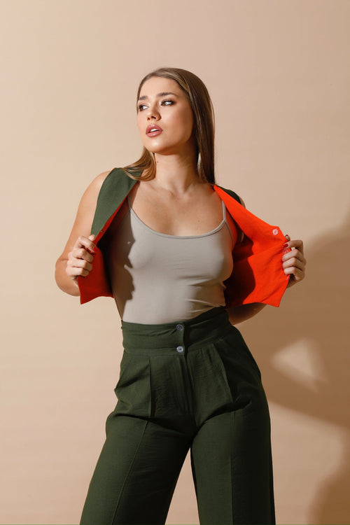 Double-Faced Vest & Pants Set - Olive/Orange