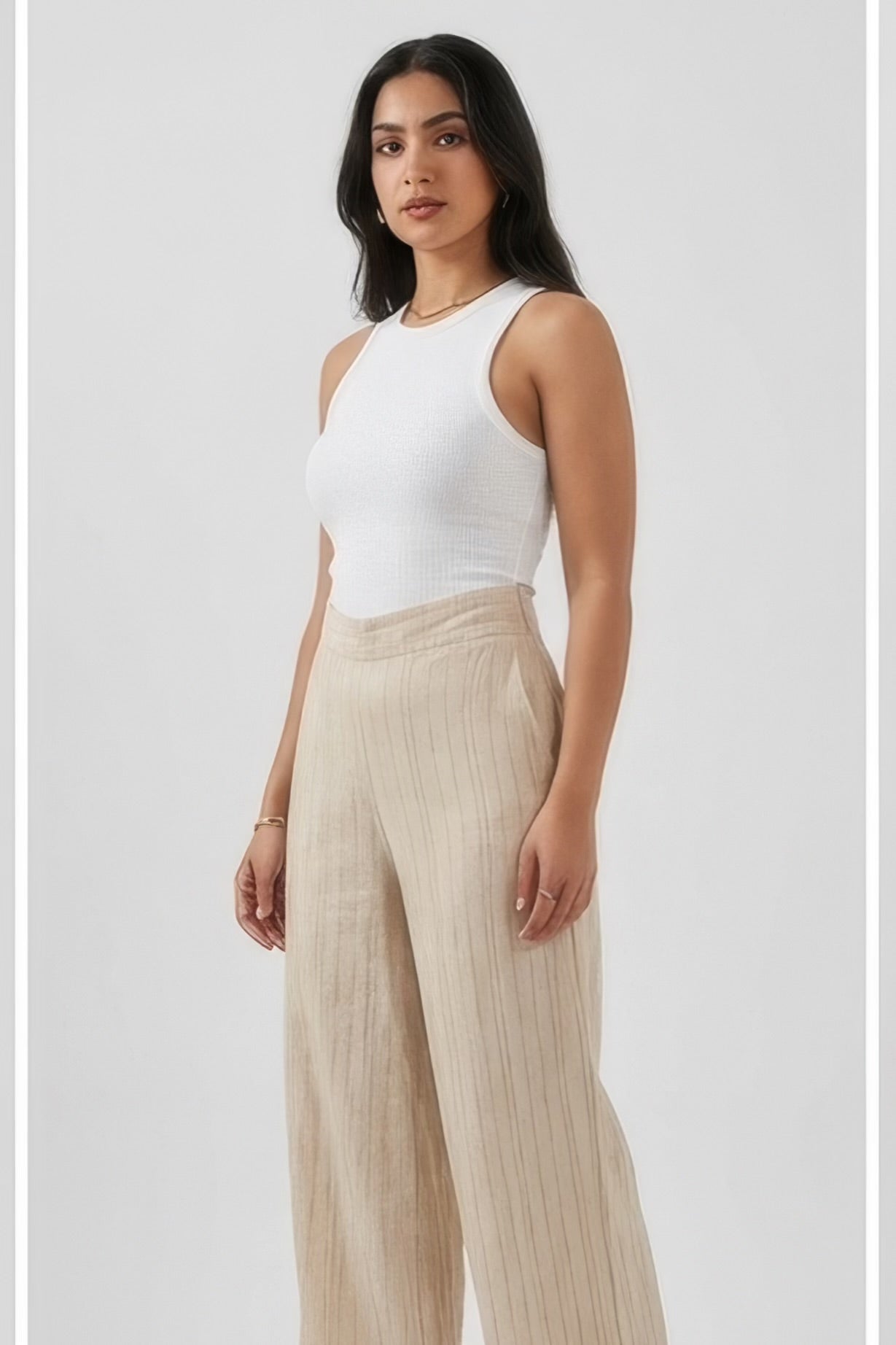 High Waisted Striped Linen Classic Trouser - Beige