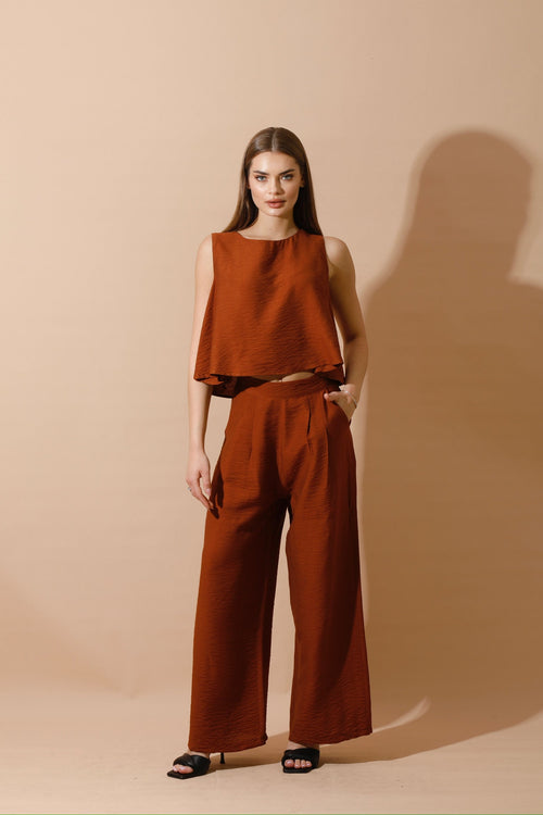 Sleeveless Tank Top & Wide Leg Pants Lounge Set - Brown