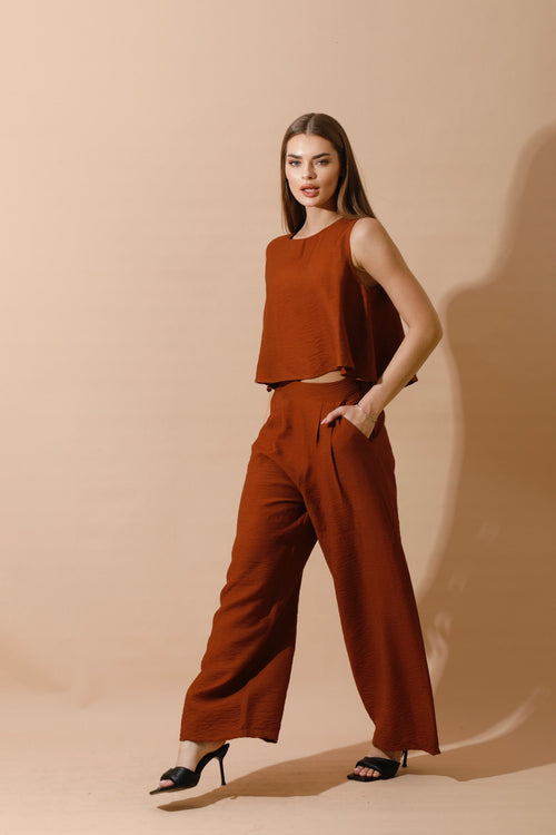 Sleeveless Tank Top & Wide Leg Pants Lounge Set - Brown