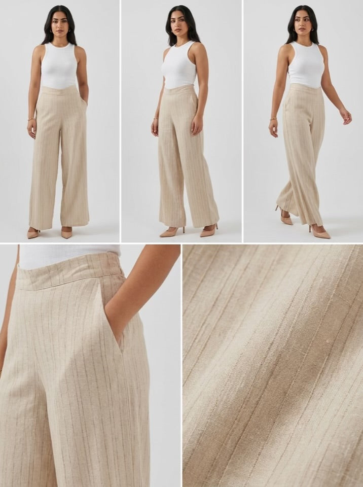 High Waisted Striped Linen Classic Trouser - Beige