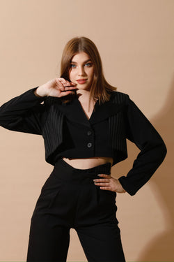 Cropped Pinstriped Blazer - Black