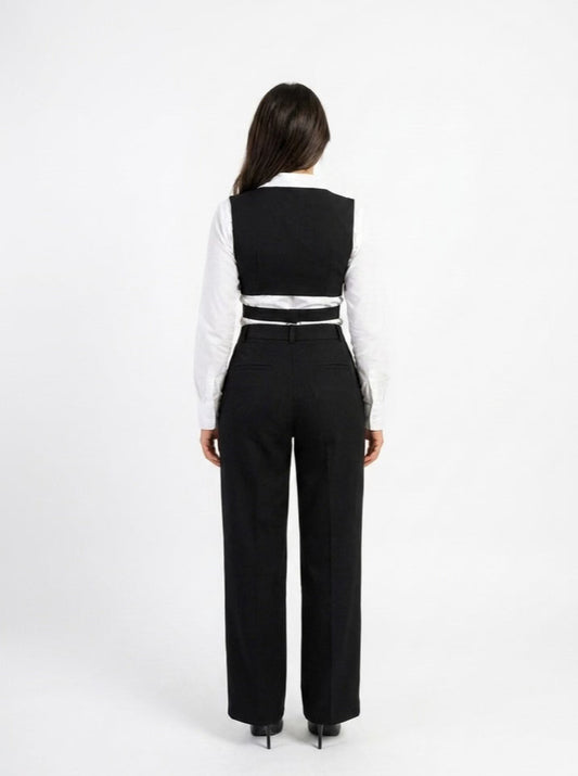 Crossover Wrap Cropped Vest & Pleated Pants Set– Black