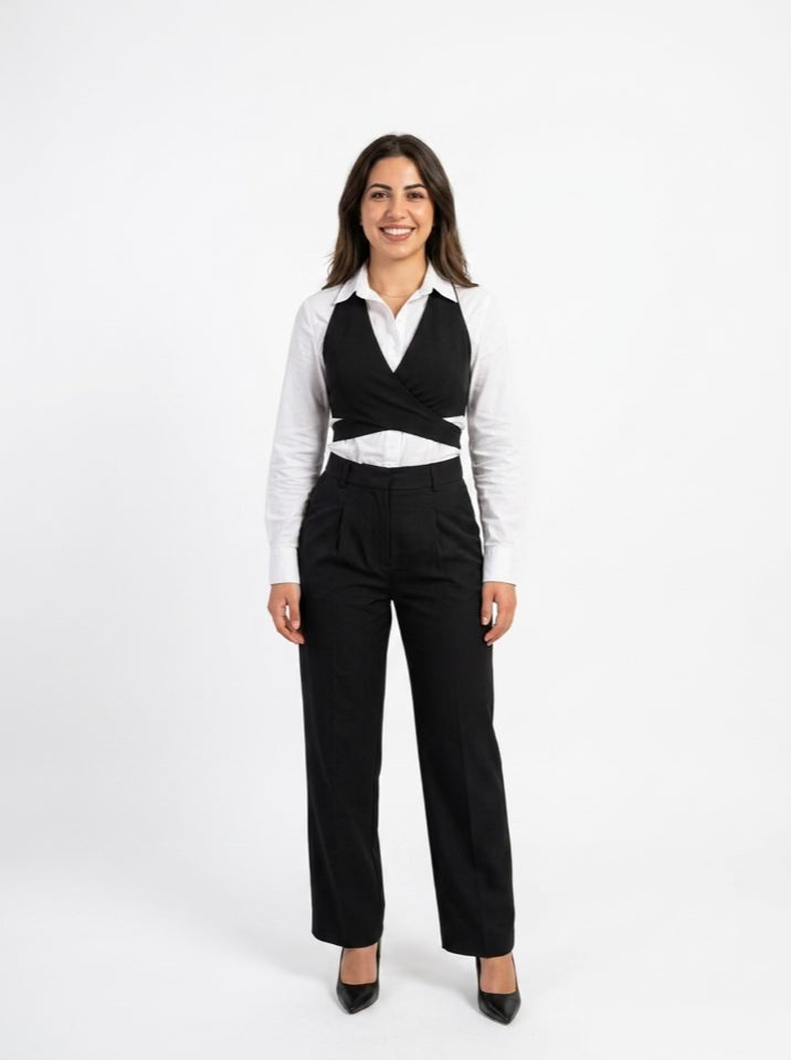 Crossover Wrap Cropped Vest & Pleated Pants Set– Black
