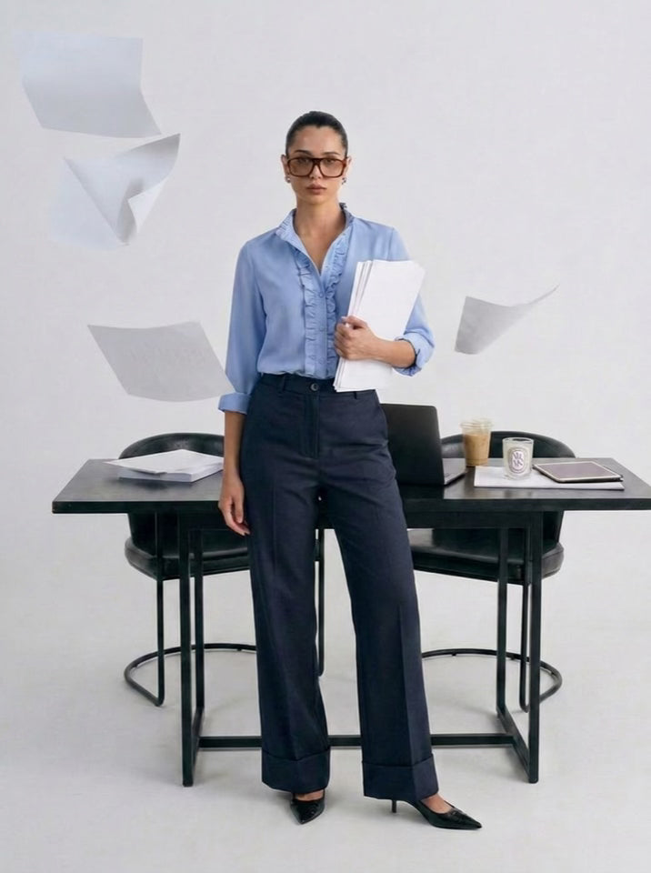 [BUNDLE] - Ruffle Blue Blouse and Elegant Wide Leg Navy Trouser