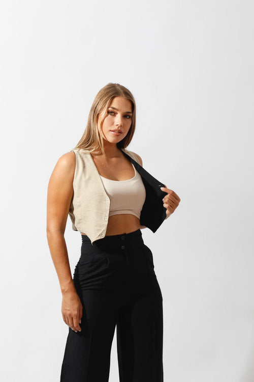 Double-Faced Vest & Pants Set - Black/Beige