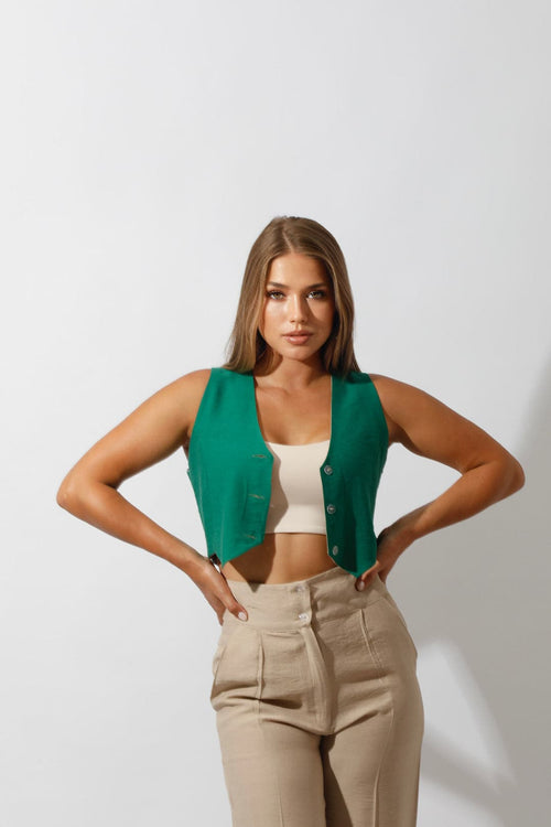 Double-Faced Vest & Pants Set - Beige/Green