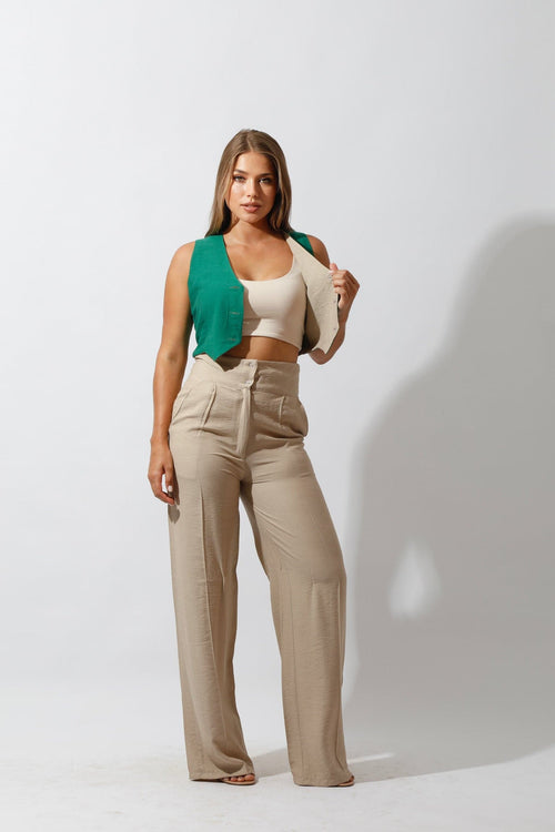 Double-Faced Vest & Pants Set - Beige/Green