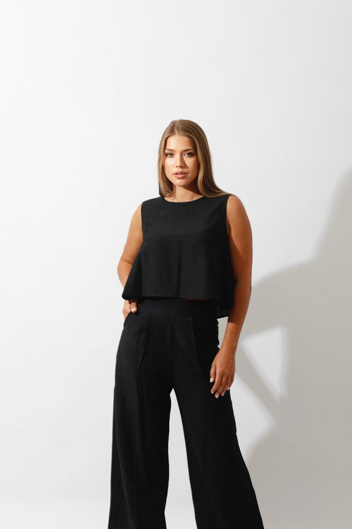 Sleeveless Tank Top & Wide Leg Pants Lounge Set - Black - GIFTSNY.US- Hushy Wear