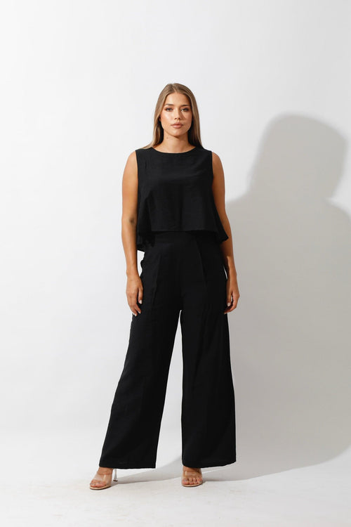 Sleeveless Tank Top & Wide Leg Pants Lounge Set - Black - GIFTSNY.US- Hushy Wear