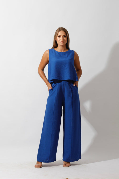 Sleeveless Tank Top & Wide Leg Pants Lounge Set - Royal Blue - GIFTSNY.US- Hushy Wear