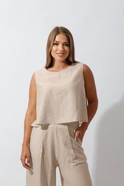 Sleeveless Tank Top & Wide Leg Pants Lounge Set - Beige