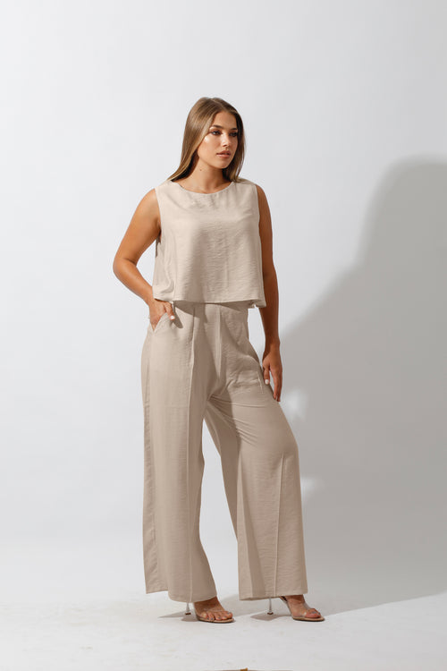 Sleeveless Tank Top & Wide Leg Pants Lounge Set - Beige