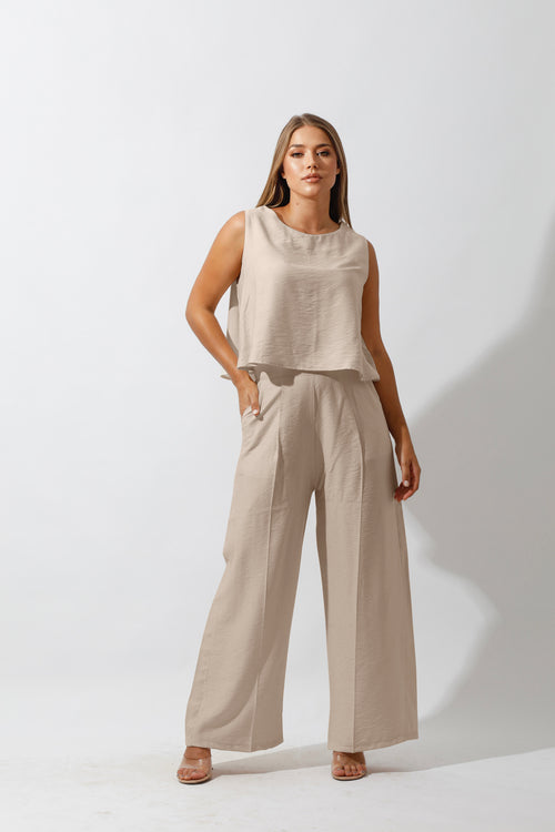 Sleeveless Tank Top & Wide Leg Pants Lounge Set - Beige