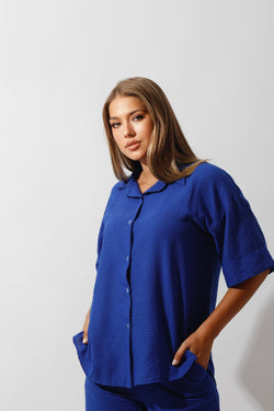 Shirt & Wide-Leg Pants Set - Royal Blue - GIFTSNY.US- Hushy Wear