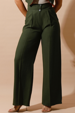 High Waist Linen Pants - Olive