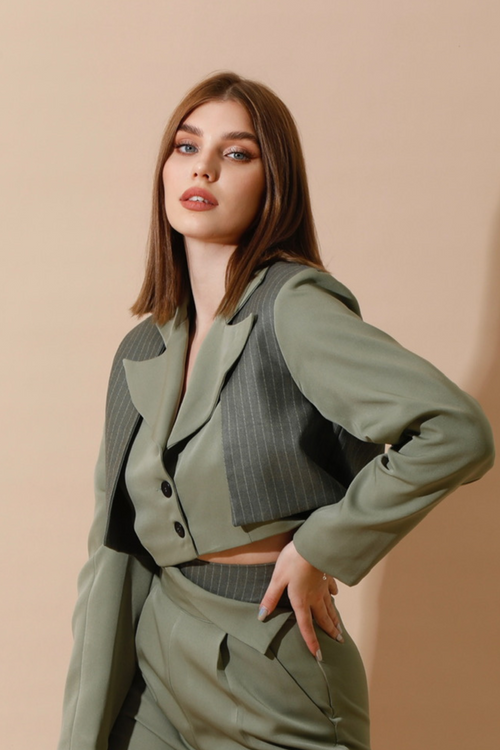 Cropped Pinstriped Blazer - Olive