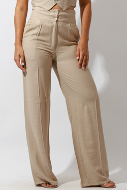 High Waist Linen Pants - Beige