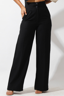 High Waist Linen Pants - Black