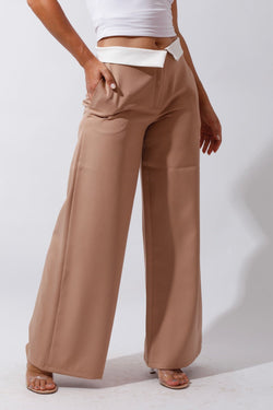 Reversed Waistband Wide Leg Pants - Beige - GIFTSNY.US- Hushy Wear