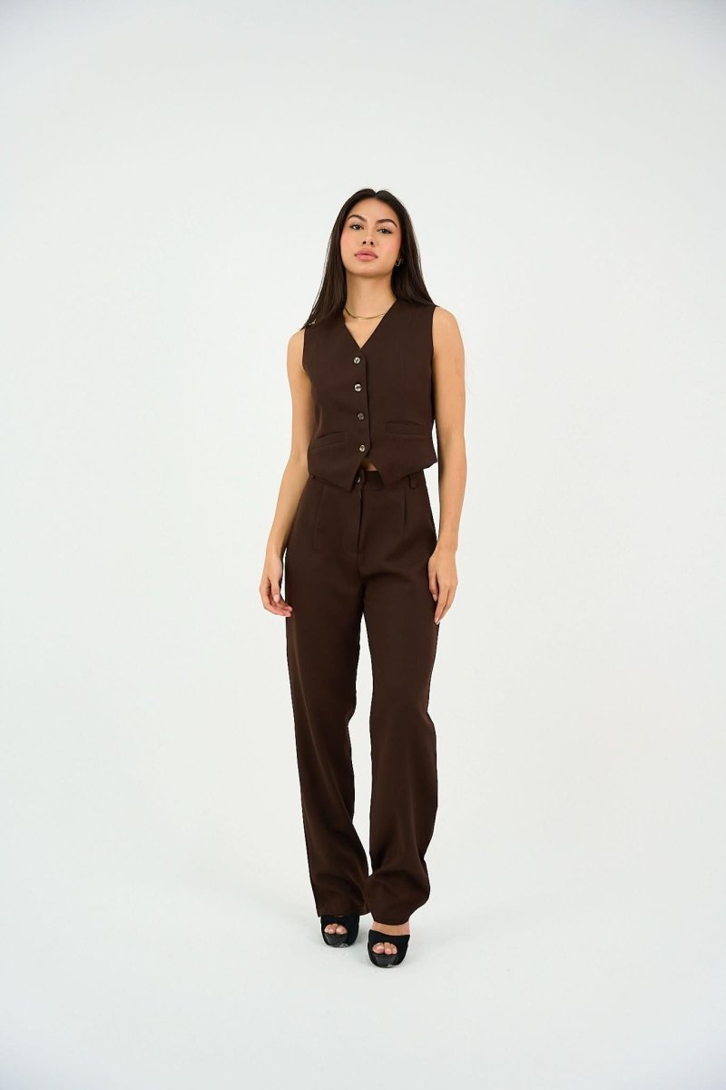 Brown Pleated Straight - Leg Trousers - Hushy Wear