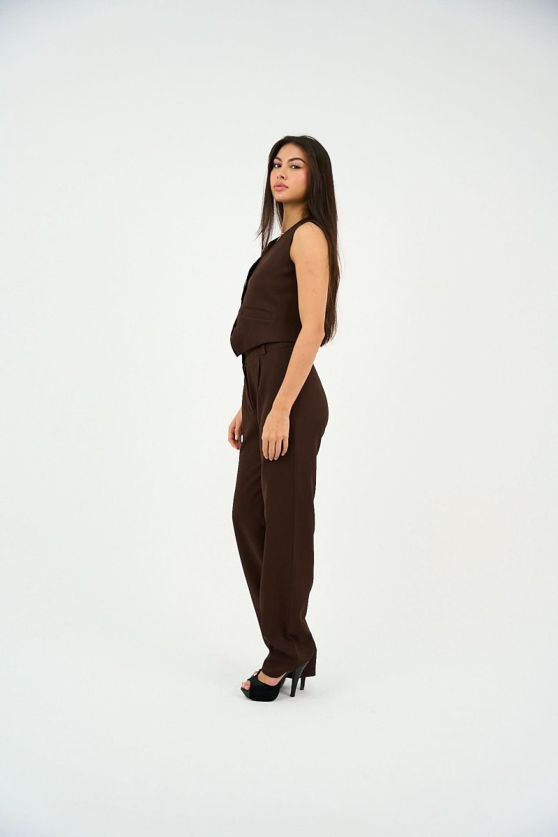 Brown Pleated Straight - Leg Trousers - Hushy Wear