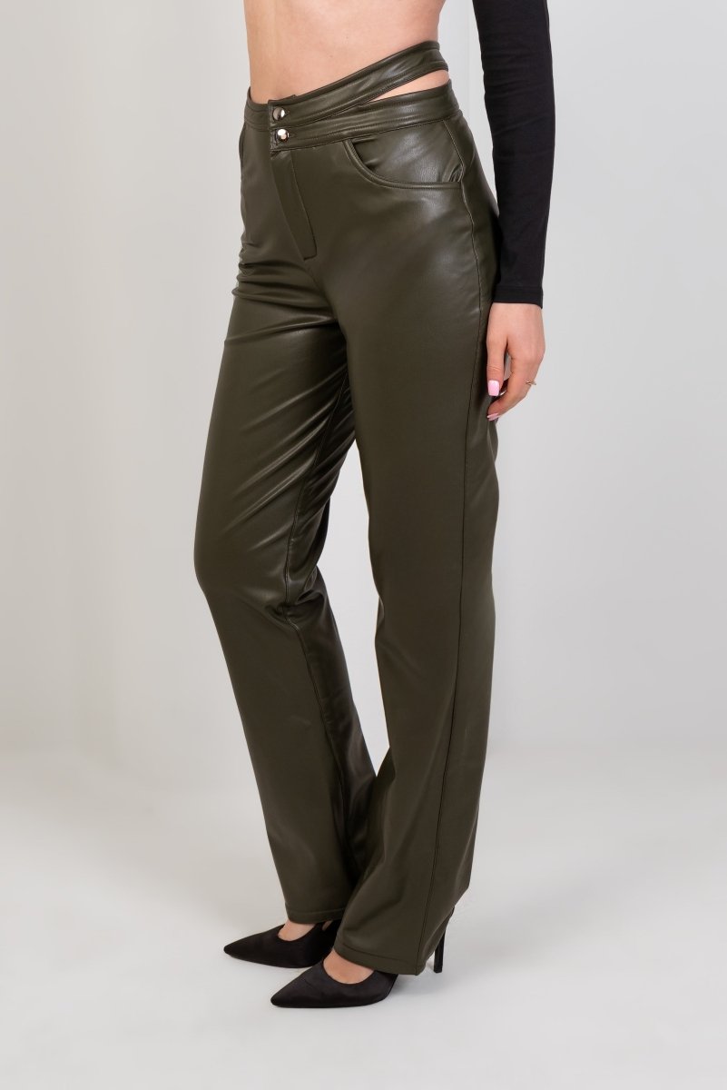 Faux Leather Wide Leg Pants - Olive - Hushy Wear
