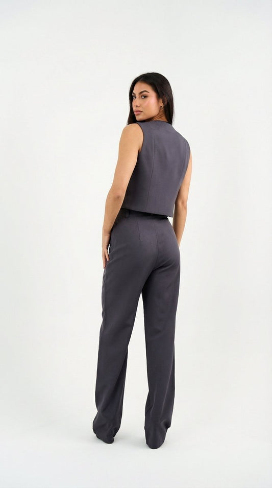 Gray Classic Vest & Pleated Straight Pants Set - Hushy Wear