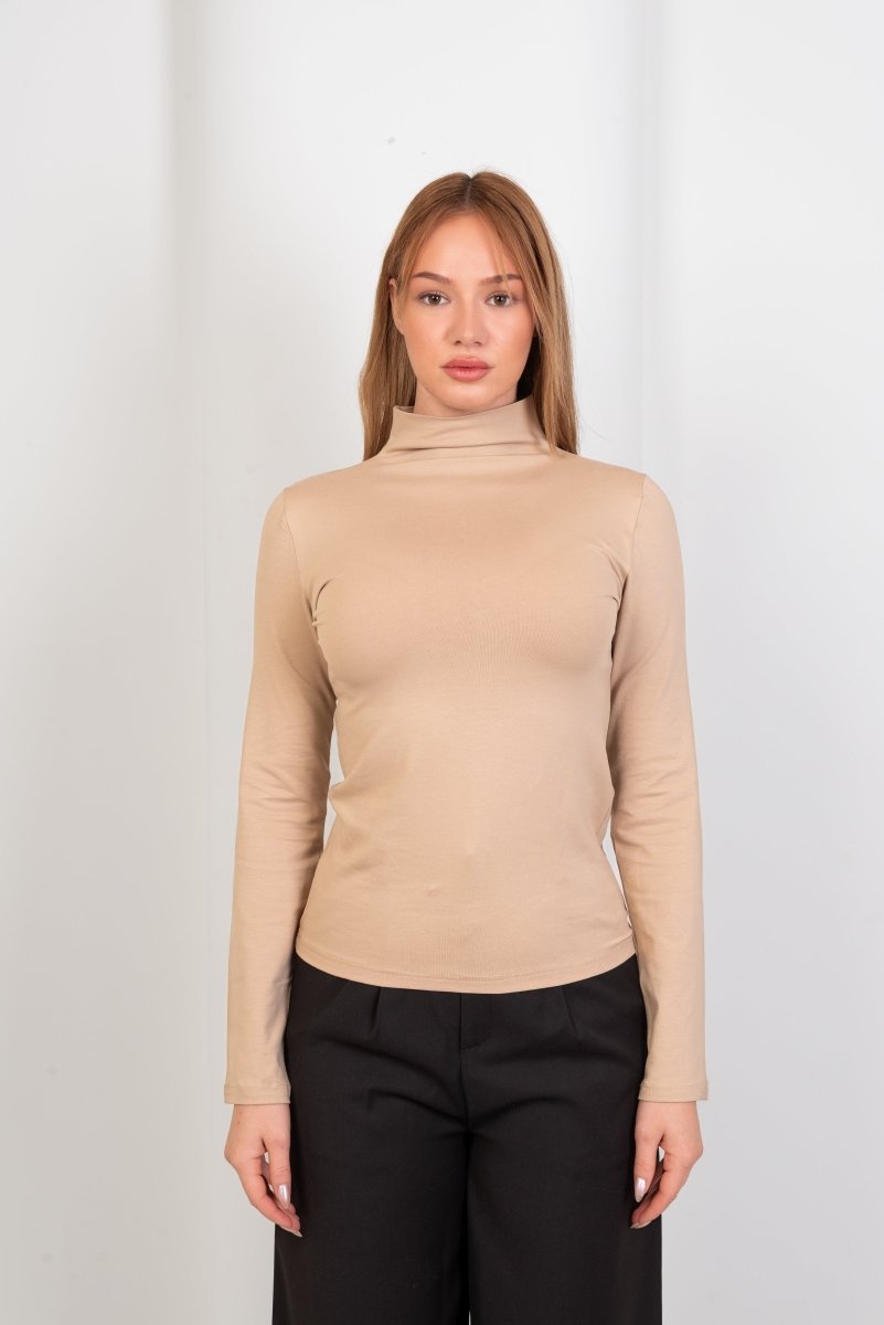 High - Neck Long Sleeve Top - Beige - Hushy Wear