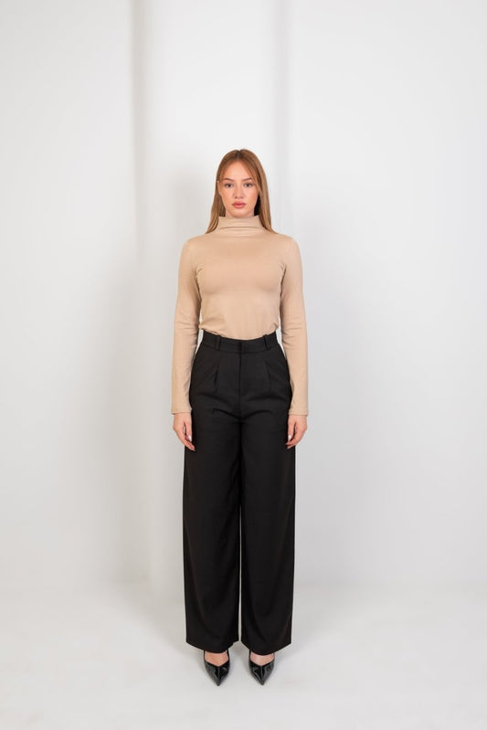 High - Neck Long Sleeve Top - Beige - Hushy Wear