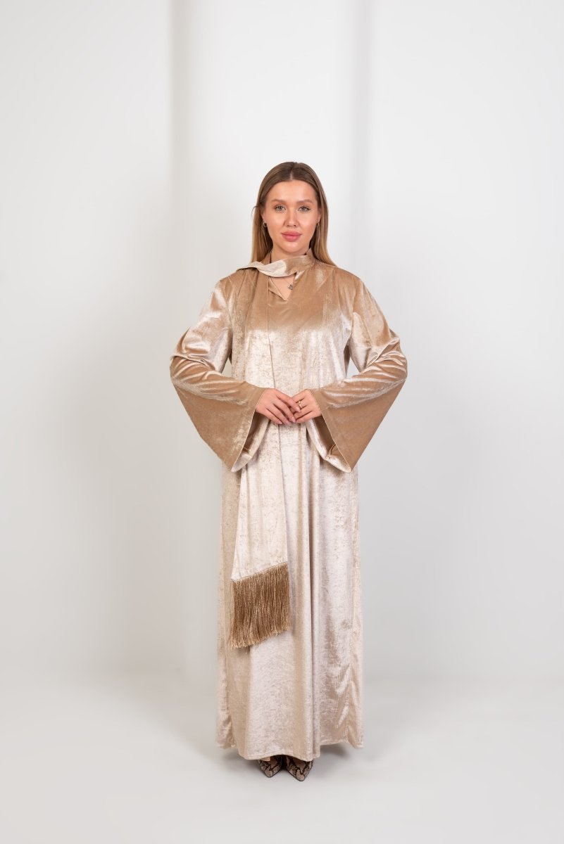 Hushy Velvet Dress and Scarf - Beige - Hushy Wear
