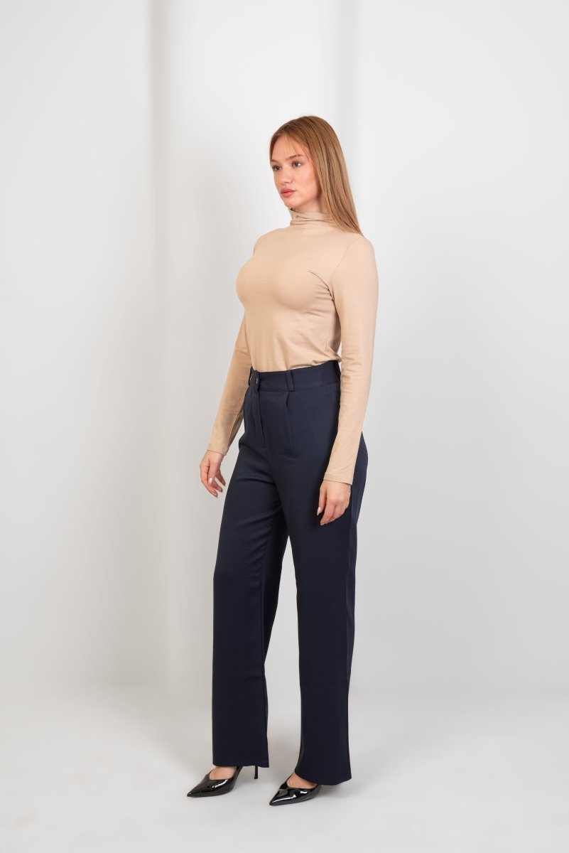 Navy Pleated Straight - Leg Trousers - Hushy Wear