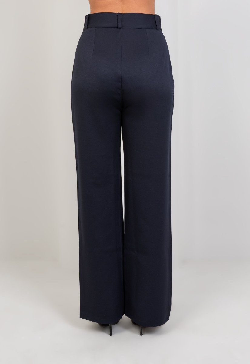 Navy Pleated Straight - Leg Trousers - Hushy Wear