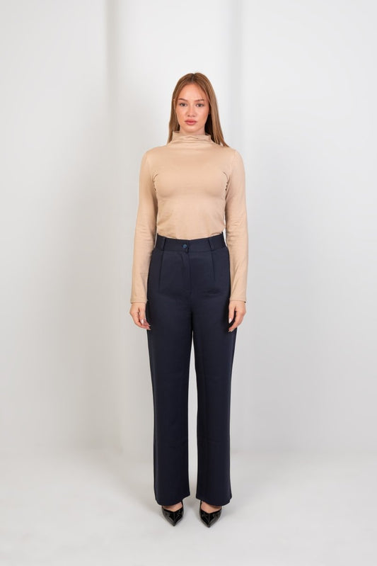Navy Pleated Straight - Leg Trousers - Hushy Wear