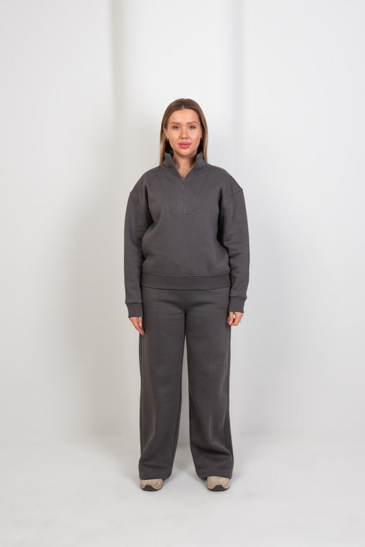 Relaxed Fit Half - Zip Sweater & Pants Set – Gray - Hushy Wear