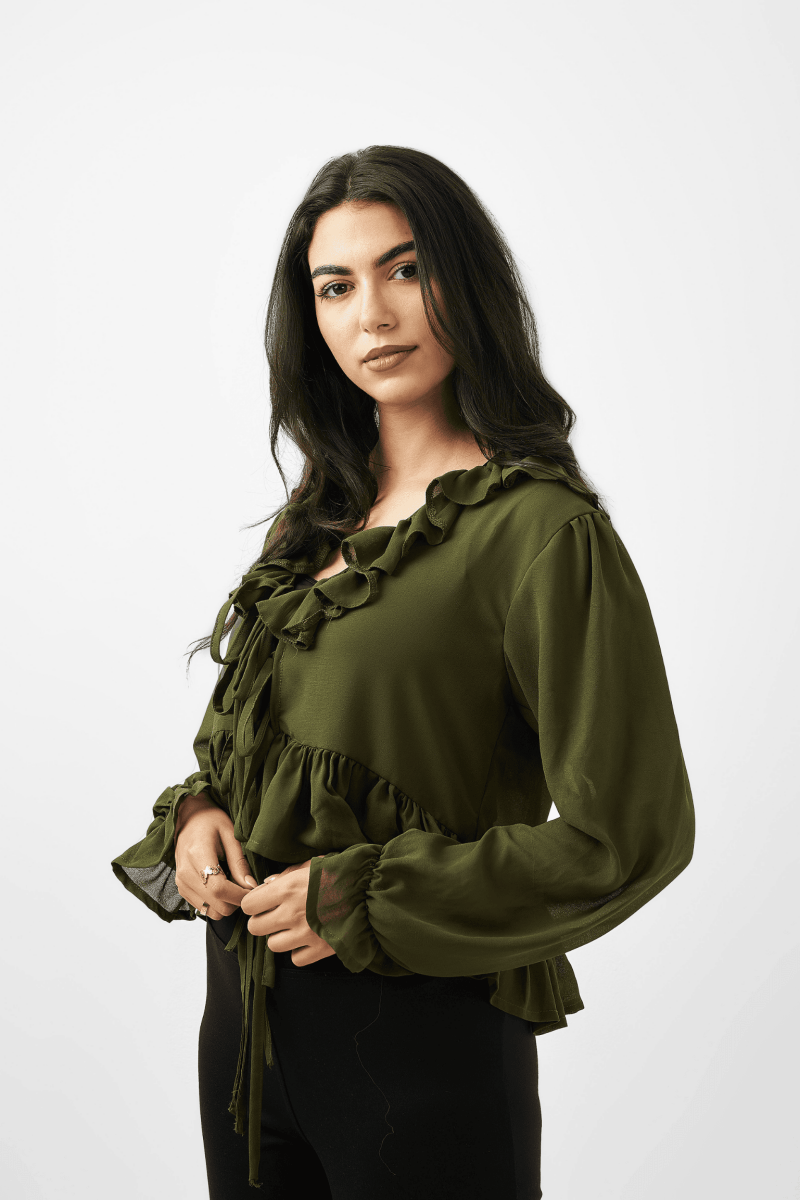 Ruffled Romance V - Neck Blouse – Olive Green - Hushy Wear