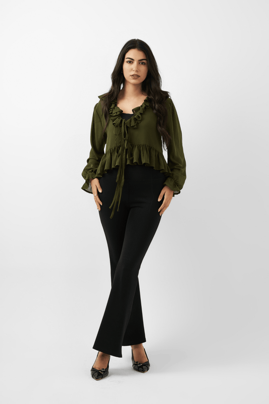 Ruffled Romance V - Neck Blouse – Olive Green - Hushy Wear