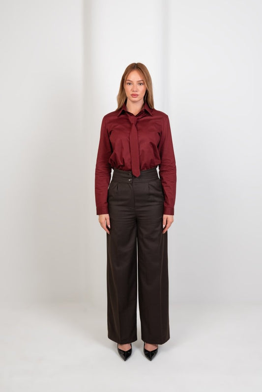 Wool High Waist Trouser - Brown - Hushy Wear